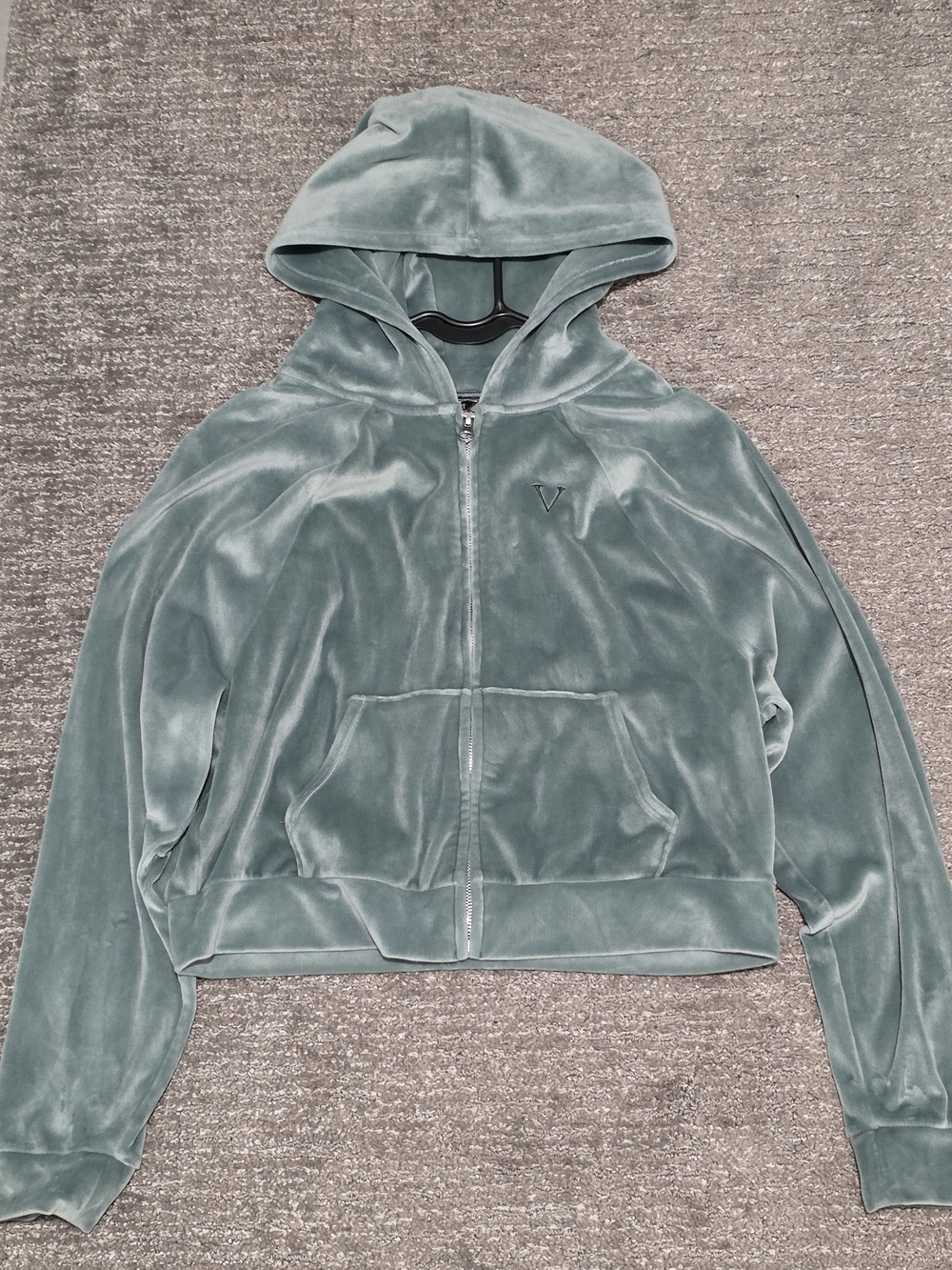 Women's Velour Full Zip-Up Cropped Hoodie in Sage Green